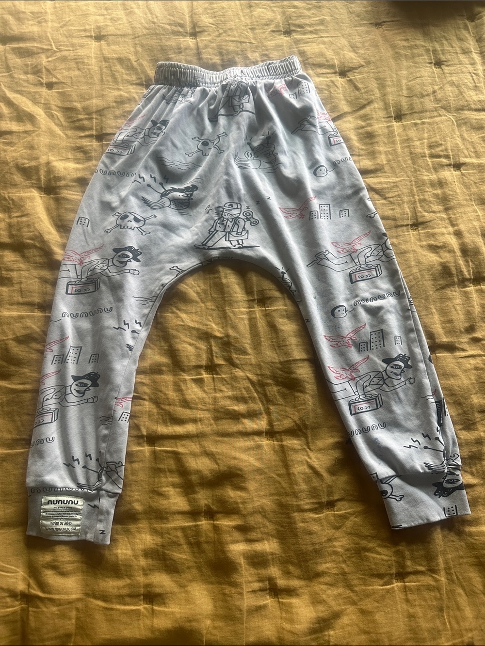 nununu Light Gray Pajama Pants with Black and Pink Prints
